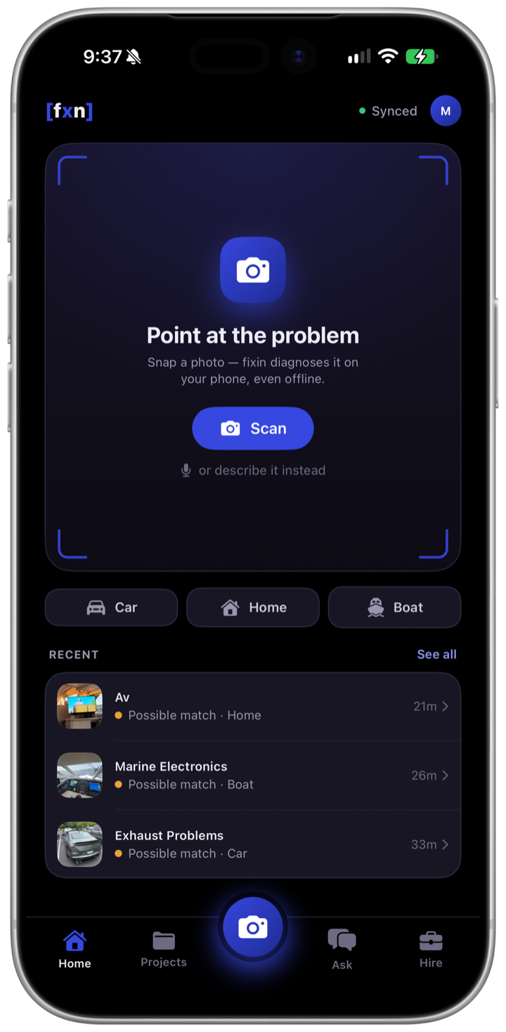 fixin on iPhone — the viewfinder home screen