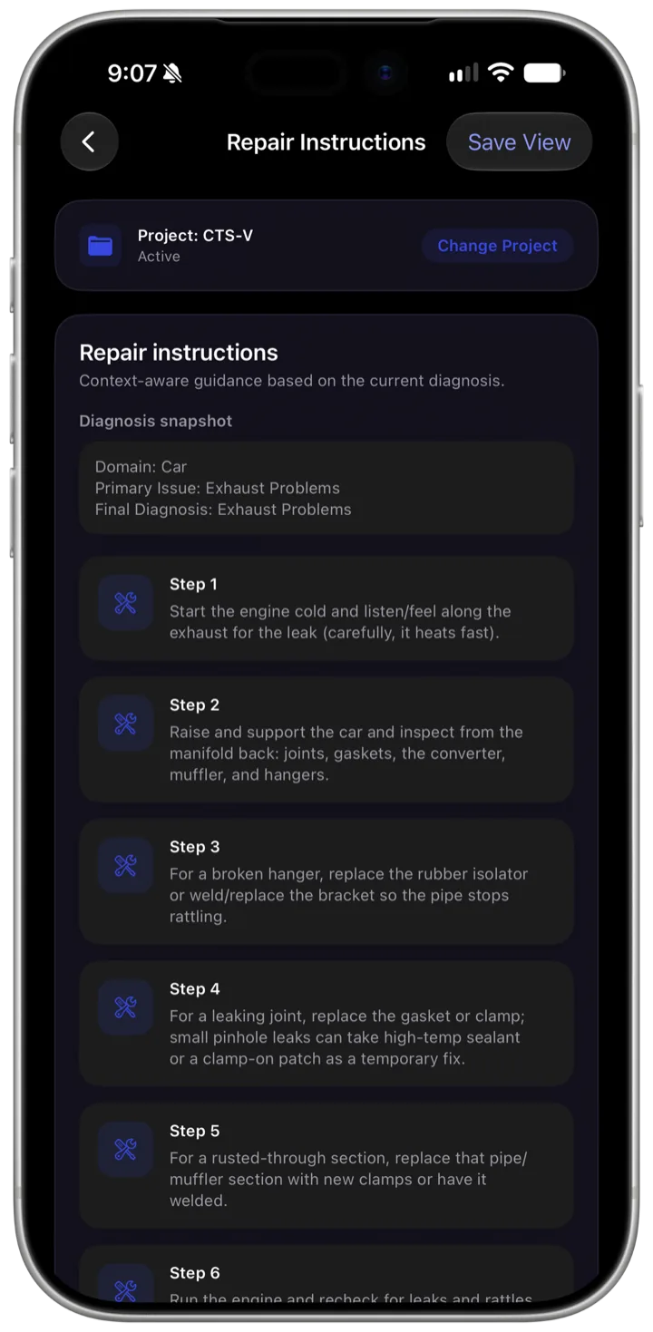 Repair instructions for the exhaust diagnosis, opening with a snapshot of the diagnosis and then numbered steps