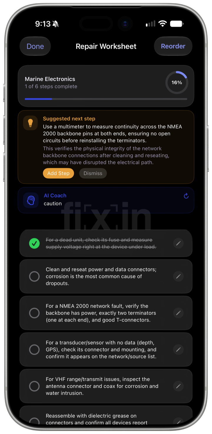 fixin on iPhone — a repair worksheet part-way through a job