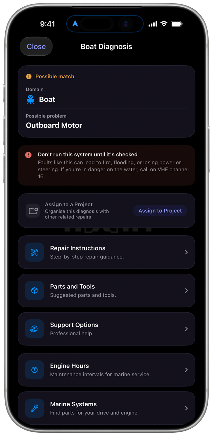 A boat diagnosis naming Outboard Motor, with a "Don't run this system until it's checked" warning above repair instructions, parts and tools, engine hours and marine systems