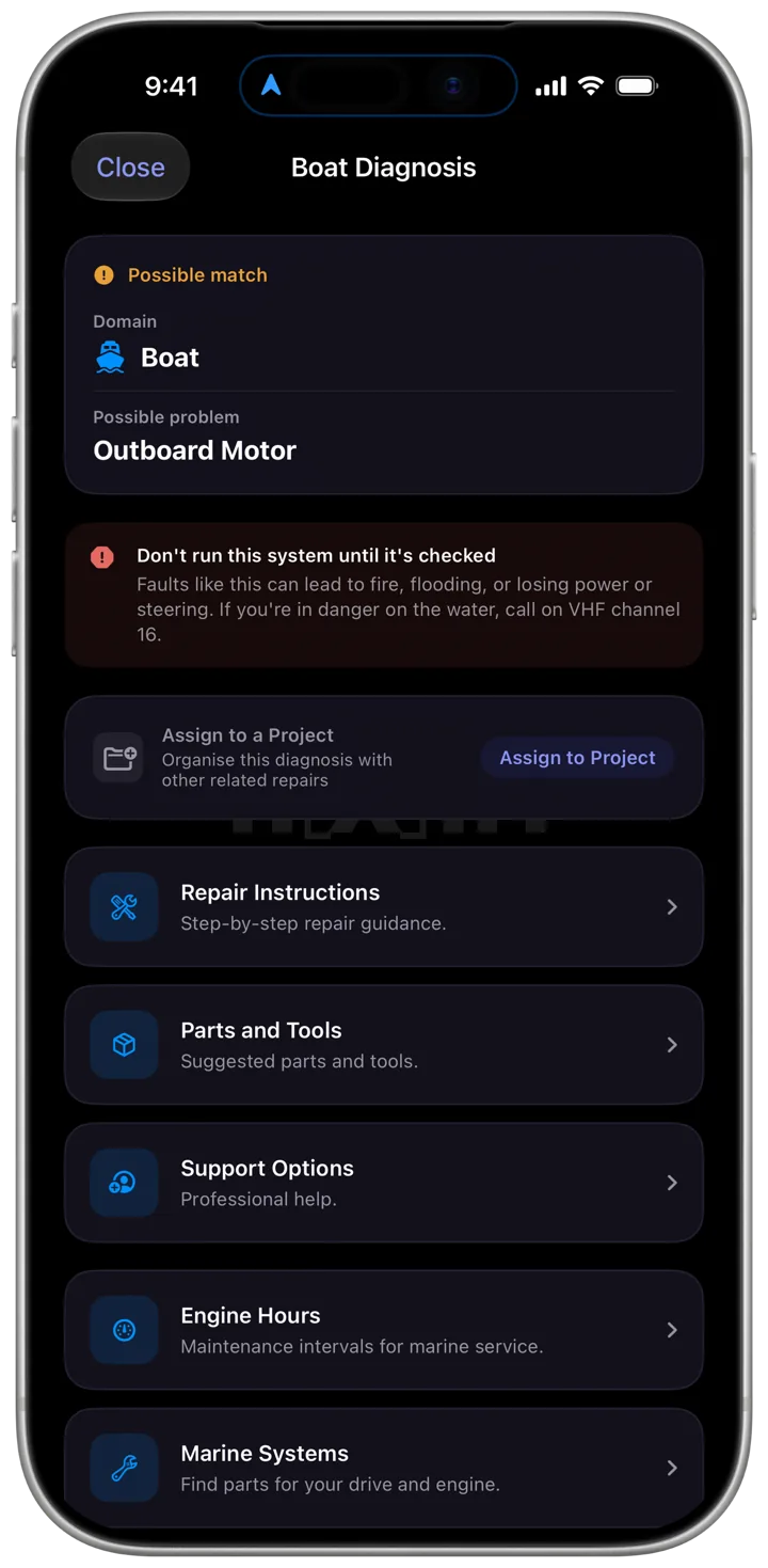 A boat diagnosis naming Outboard Motor, with a "Don't run this system until it's checked" warning above repair instructions, parts and tools, engine hours and marine systems