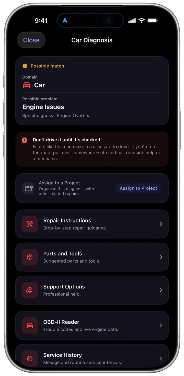 A car diagnosis naming Engine Issues, marked a possible match, under a red "Don't drive it until it's checked" warning