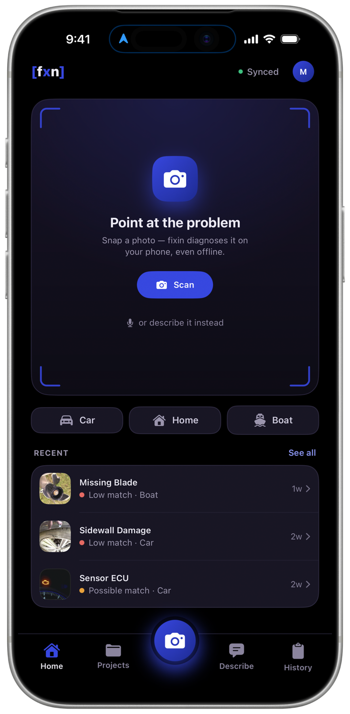 fixin on iPhone — the viewfinder home screen