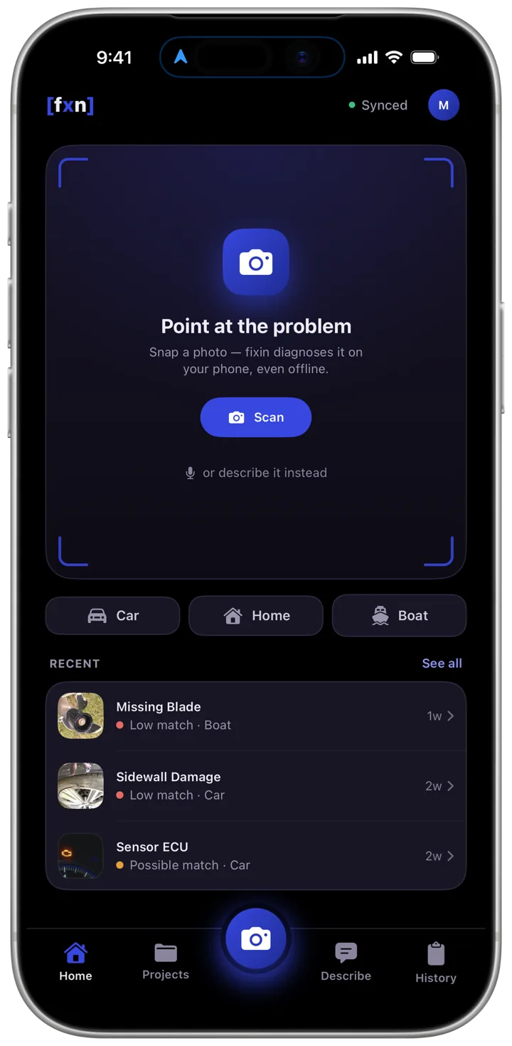 fixin on iPhone — the viewfinder home screen