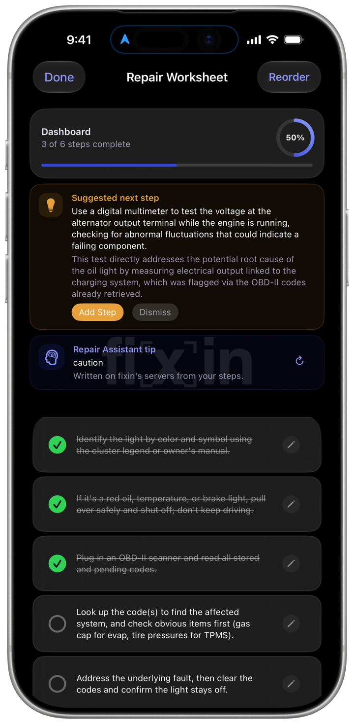 fixin on iPhone — a repair worksheet part-way through a job