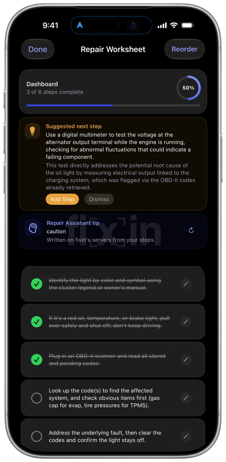 fixin on iPhone — a repair worksheet part-way through a job