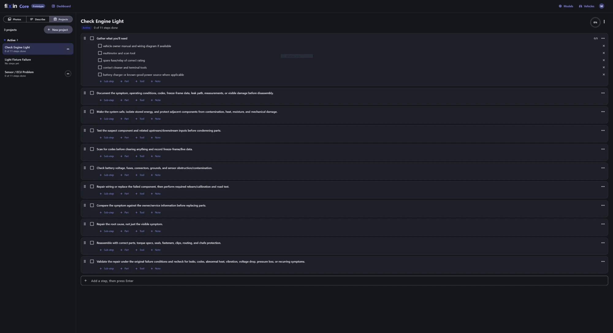 fixin Core's Projects view — three active projects, with Check Engine Light open at 0 of 11 steps done and its Gather what you'll need step expanded into five sub-steps, and buttons on every step to add a sub-step, part, tool or note