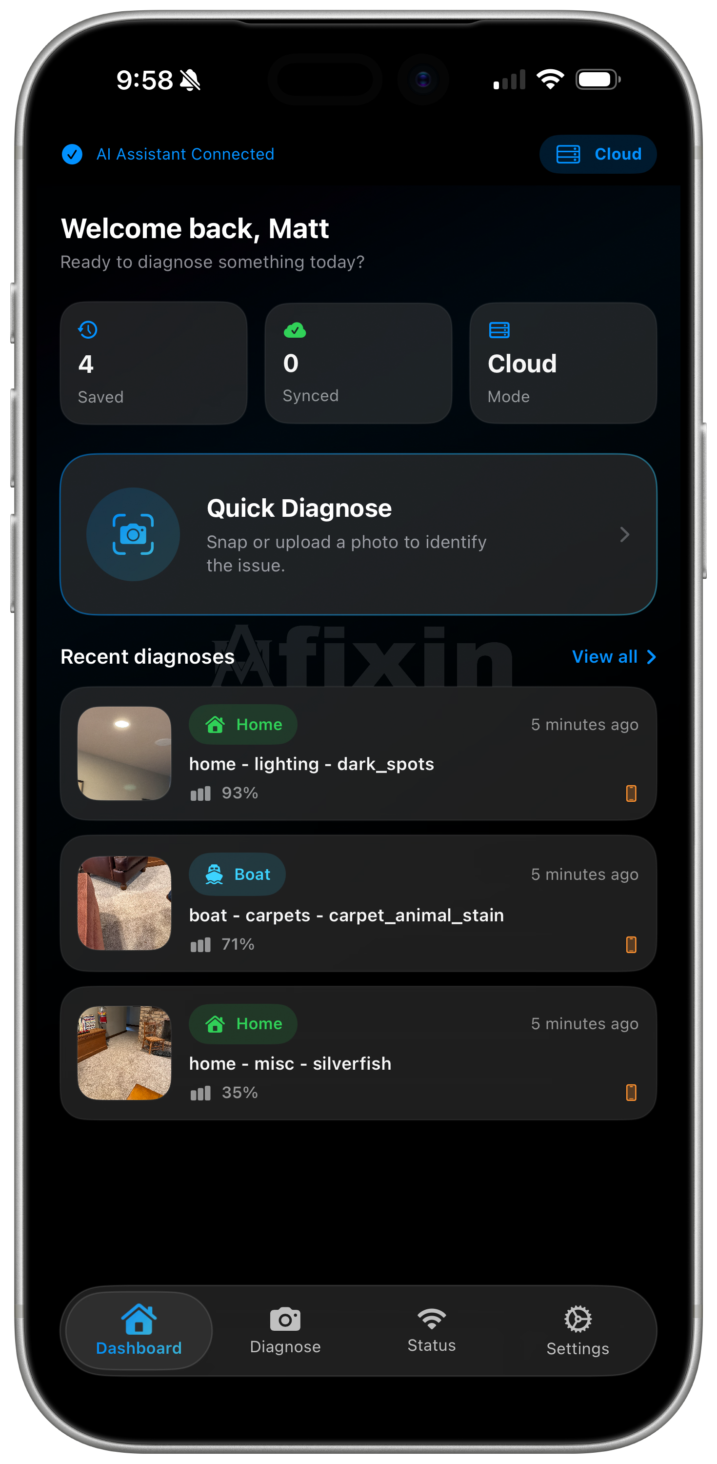 fixin app home screen