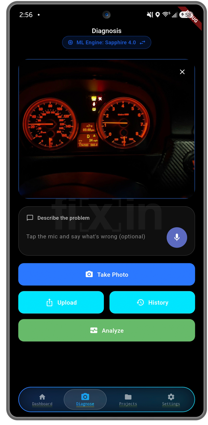 fixin for Android diagnose screen with a captured photo, a description field, and the Analyze action