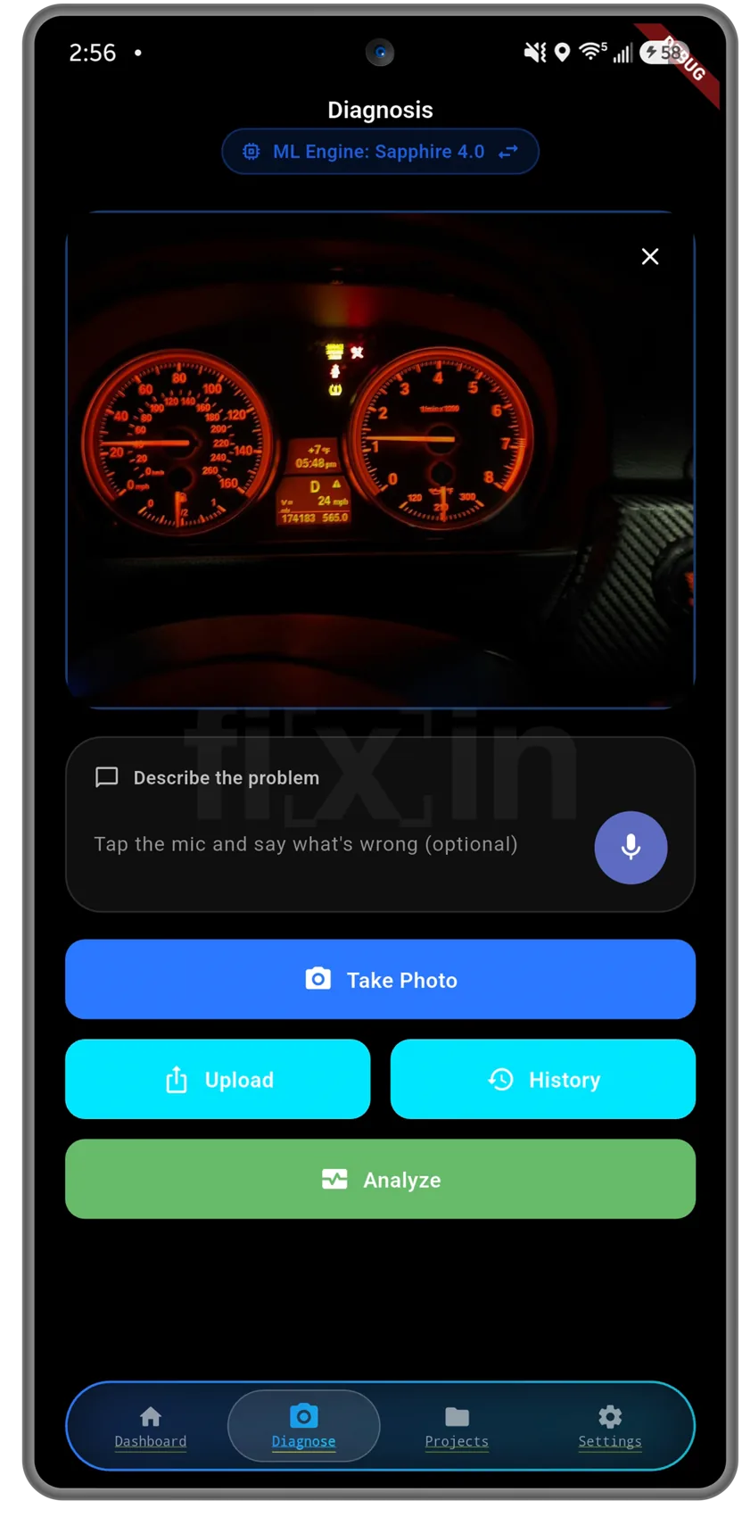 fixin for Android diagnose screen with a captured photo, a description field, and the Analyze action