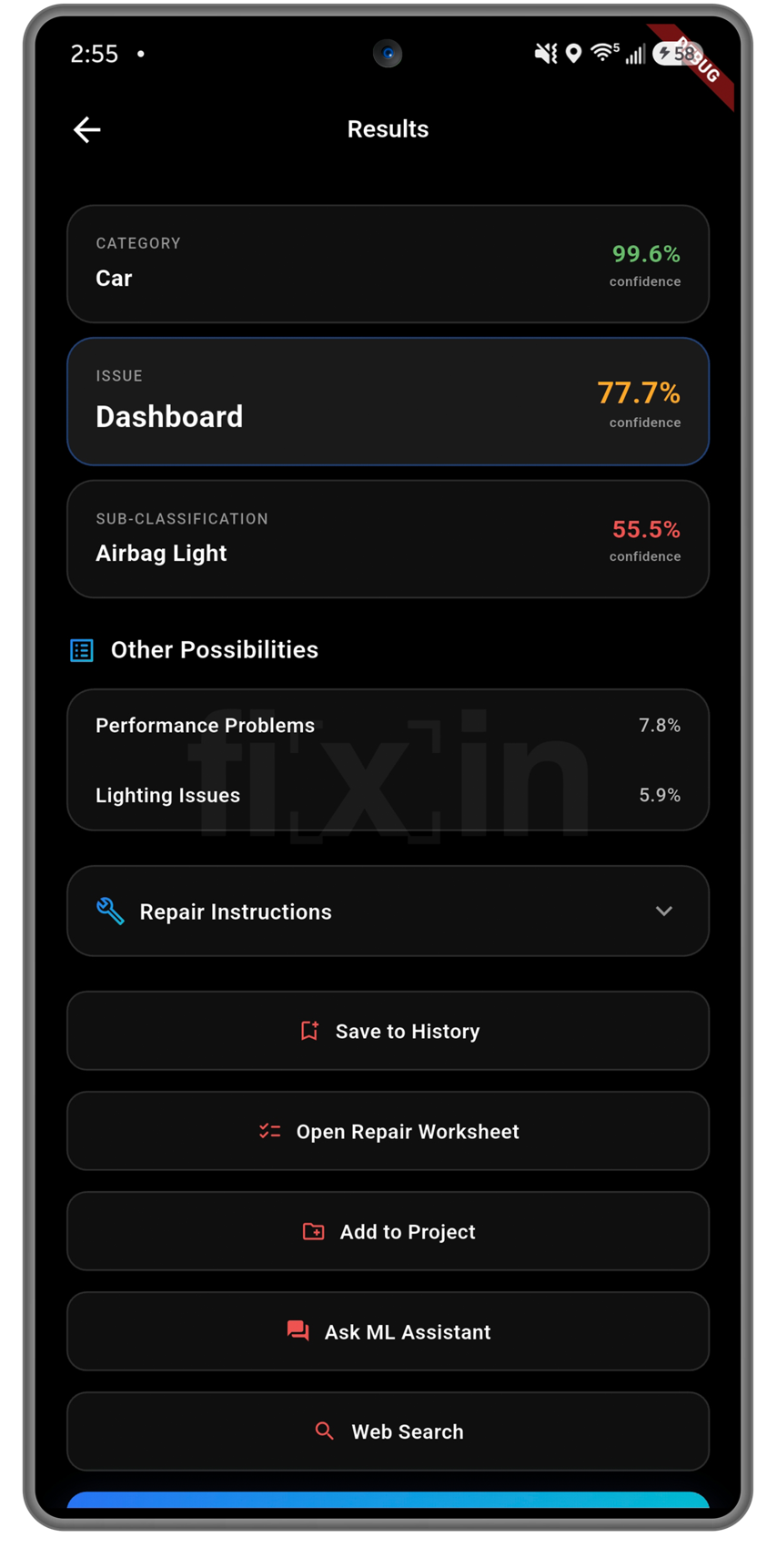 fixin for Android results screen showing category, issue, and sub-classification with confidence percentages