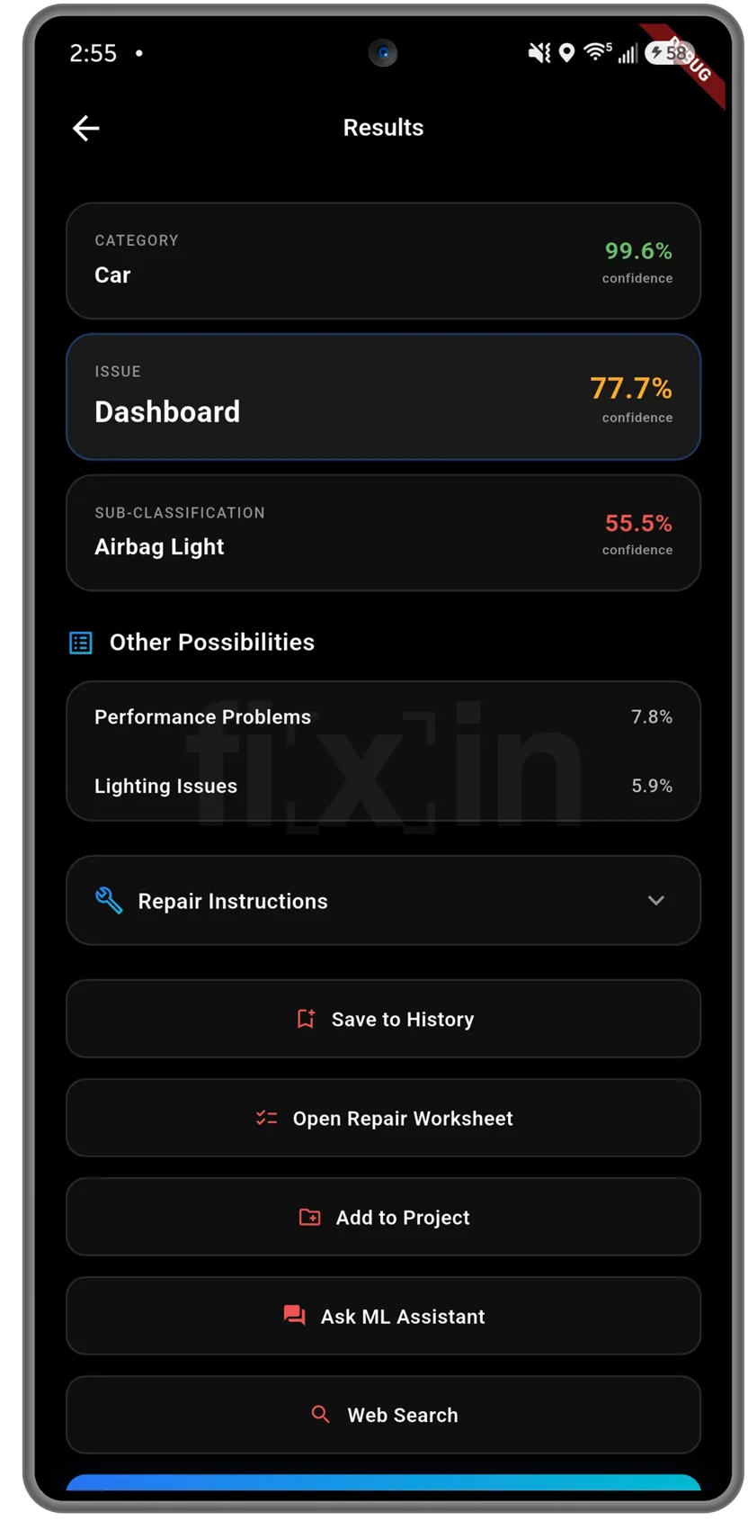 fixin for Android results screen showing category, issue, and sub-classification with confidence percentages