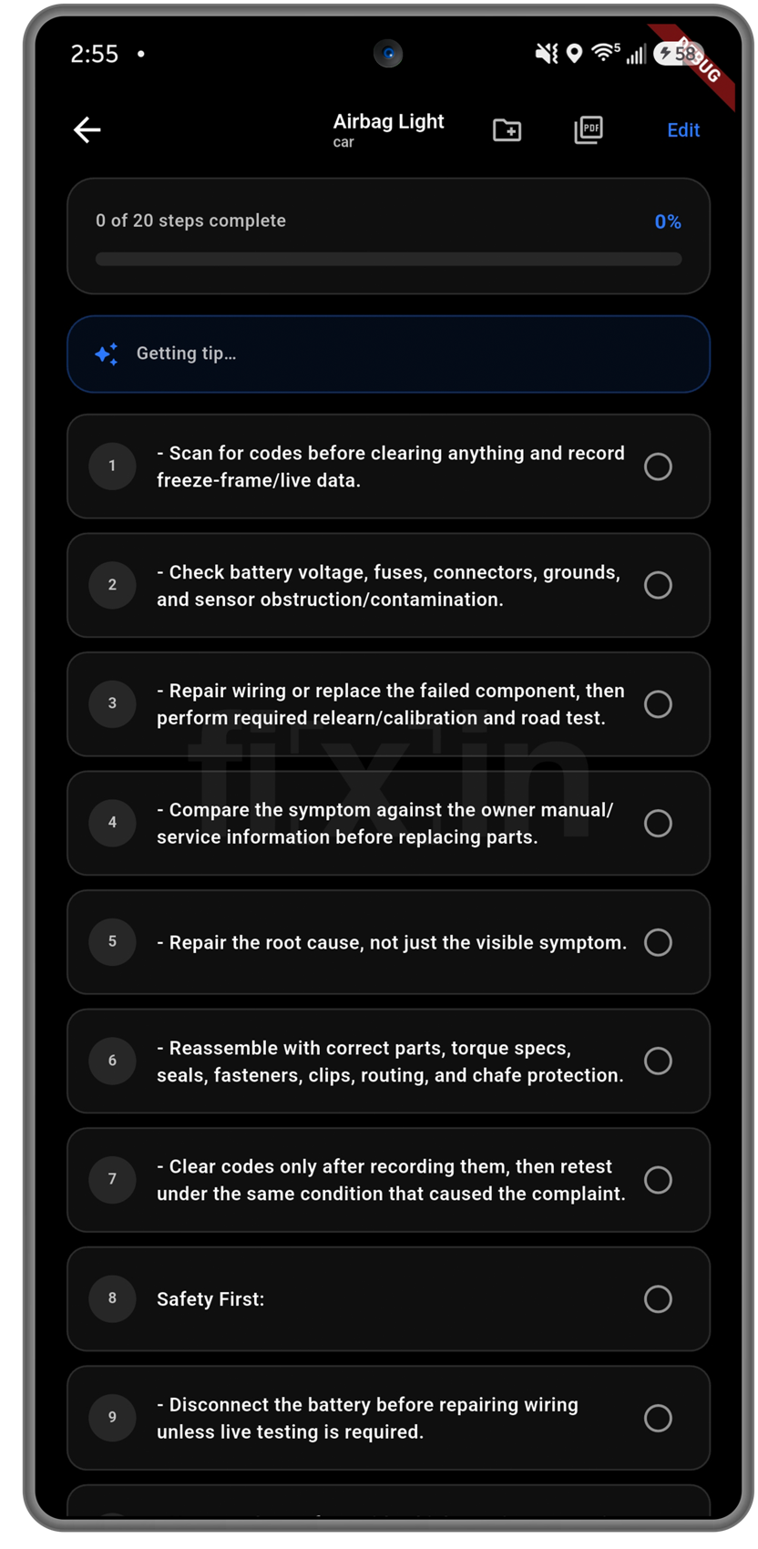fixin for Android repair worksheet with numbered checkable steps and completion progress