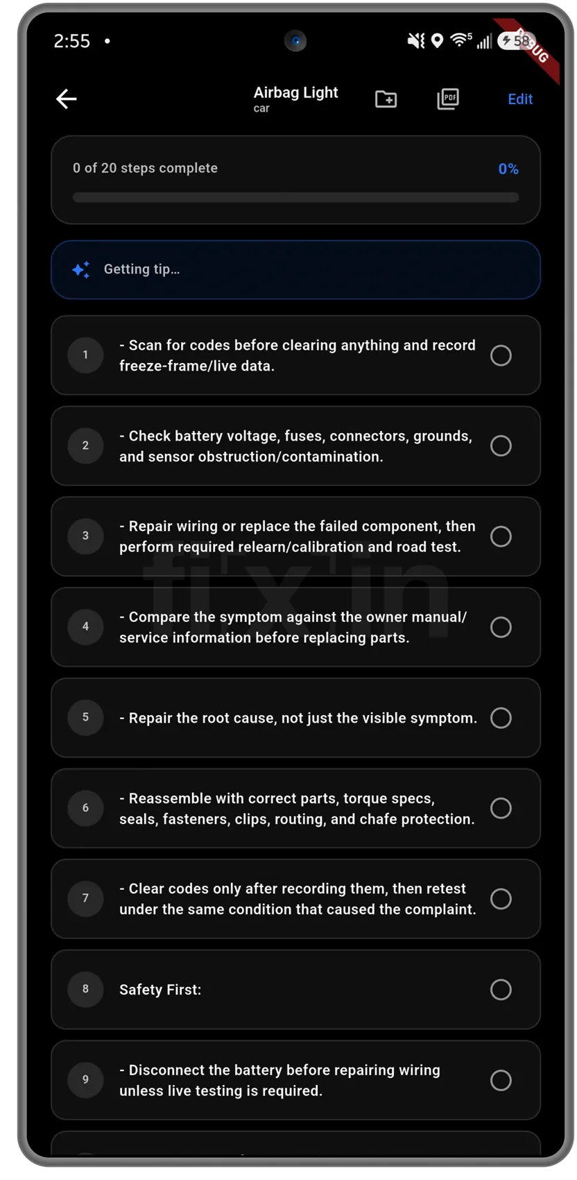 fixin for Android repair worksheet with numbered checkable steps and completion progress