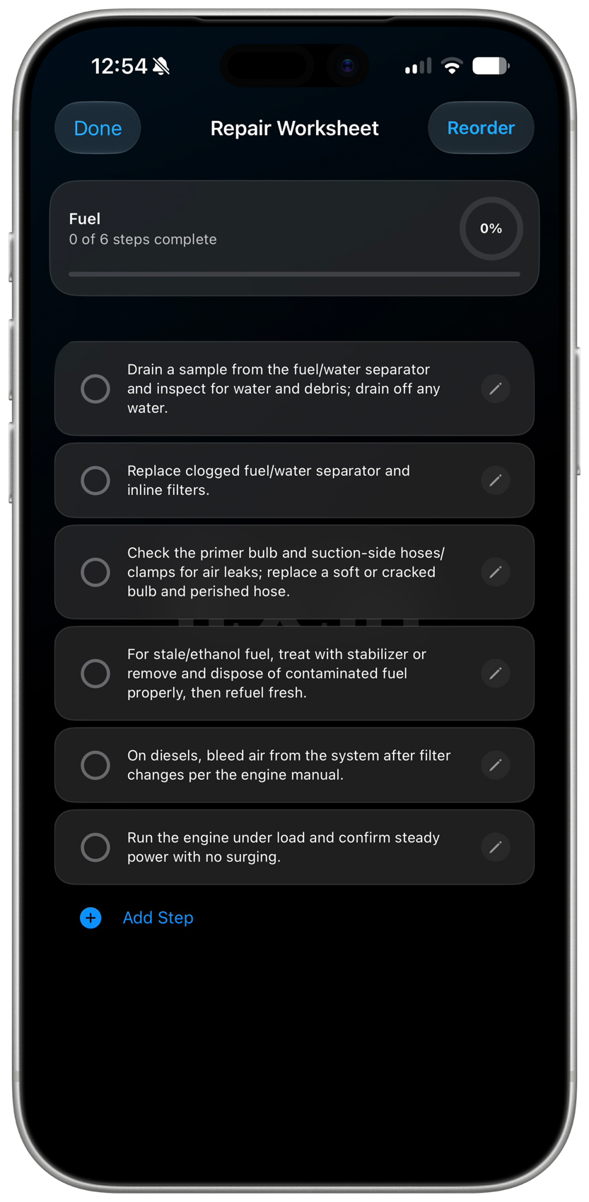 fixin repair worksheet for the fuel job, with checkable steps and completion progress