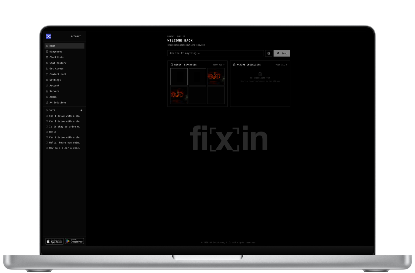 fixin Web running in a browser — recent diagnoses, active checklists, and the ML assistant
