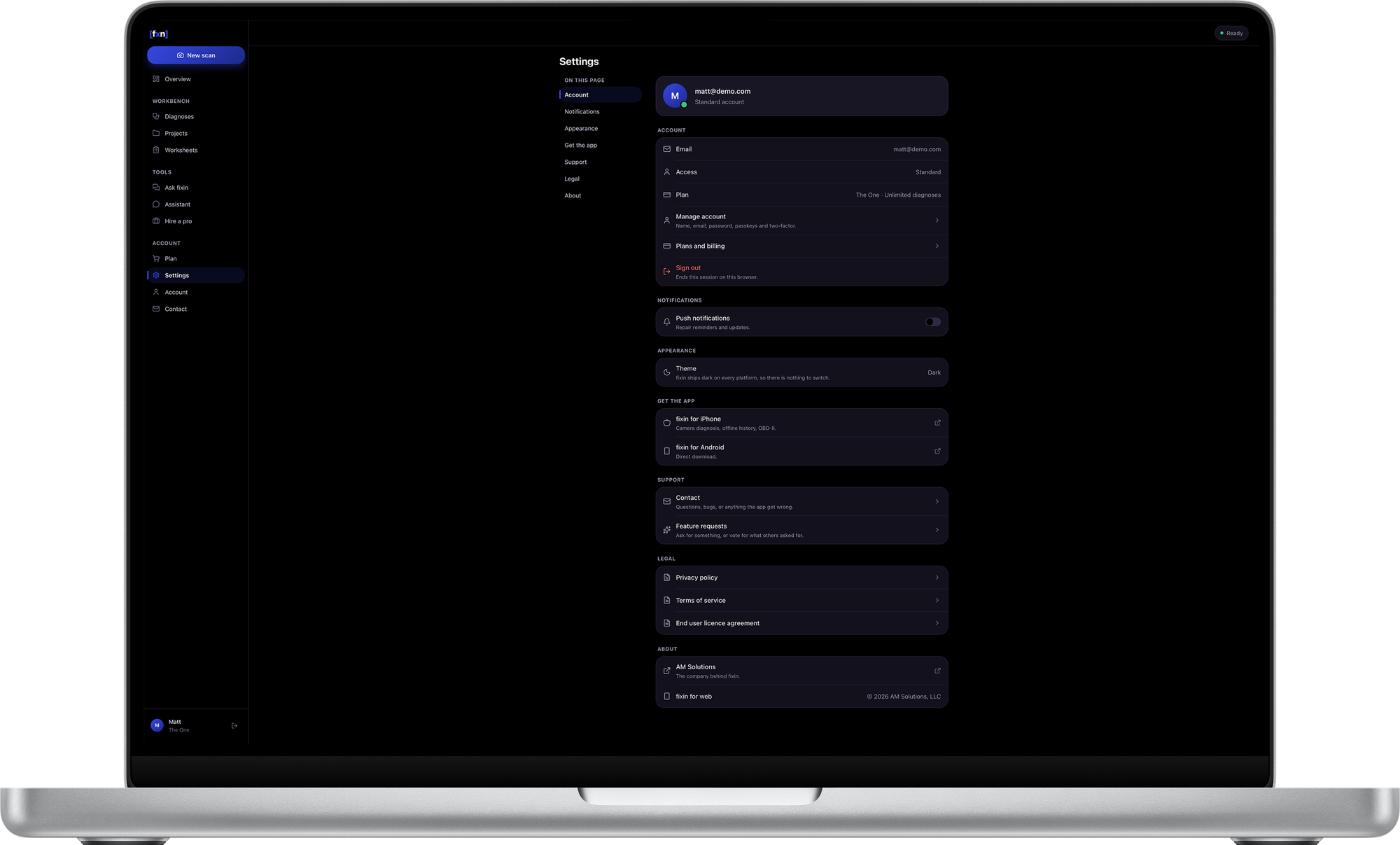 The Settings screen — account, notifications, appearance, links to the phone builds, support, legal and about, listed in one scrolling column