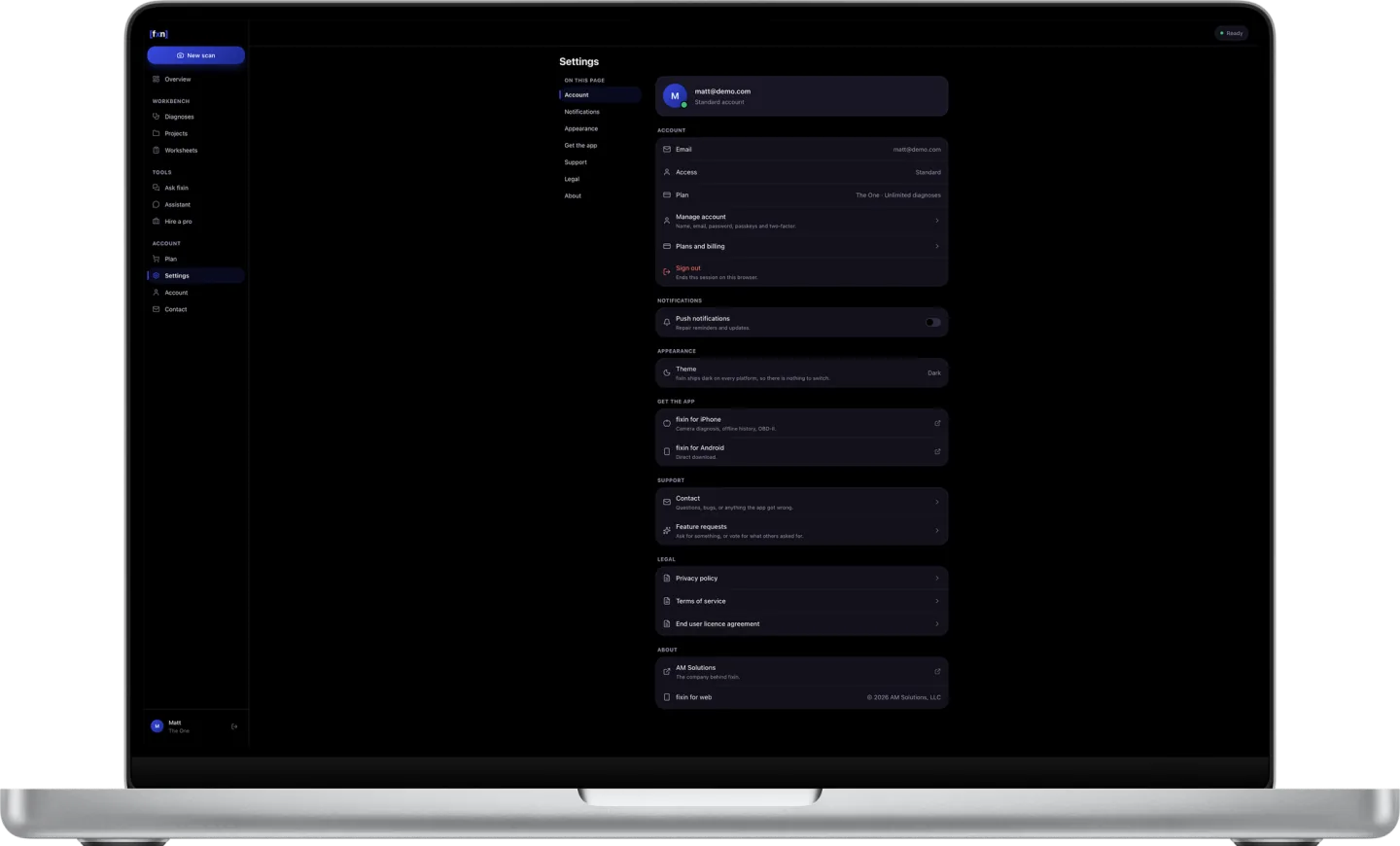 The Settings screen — account, notifications, appearance, links to the phone builds, support, legal and about, listed in one scrolling column