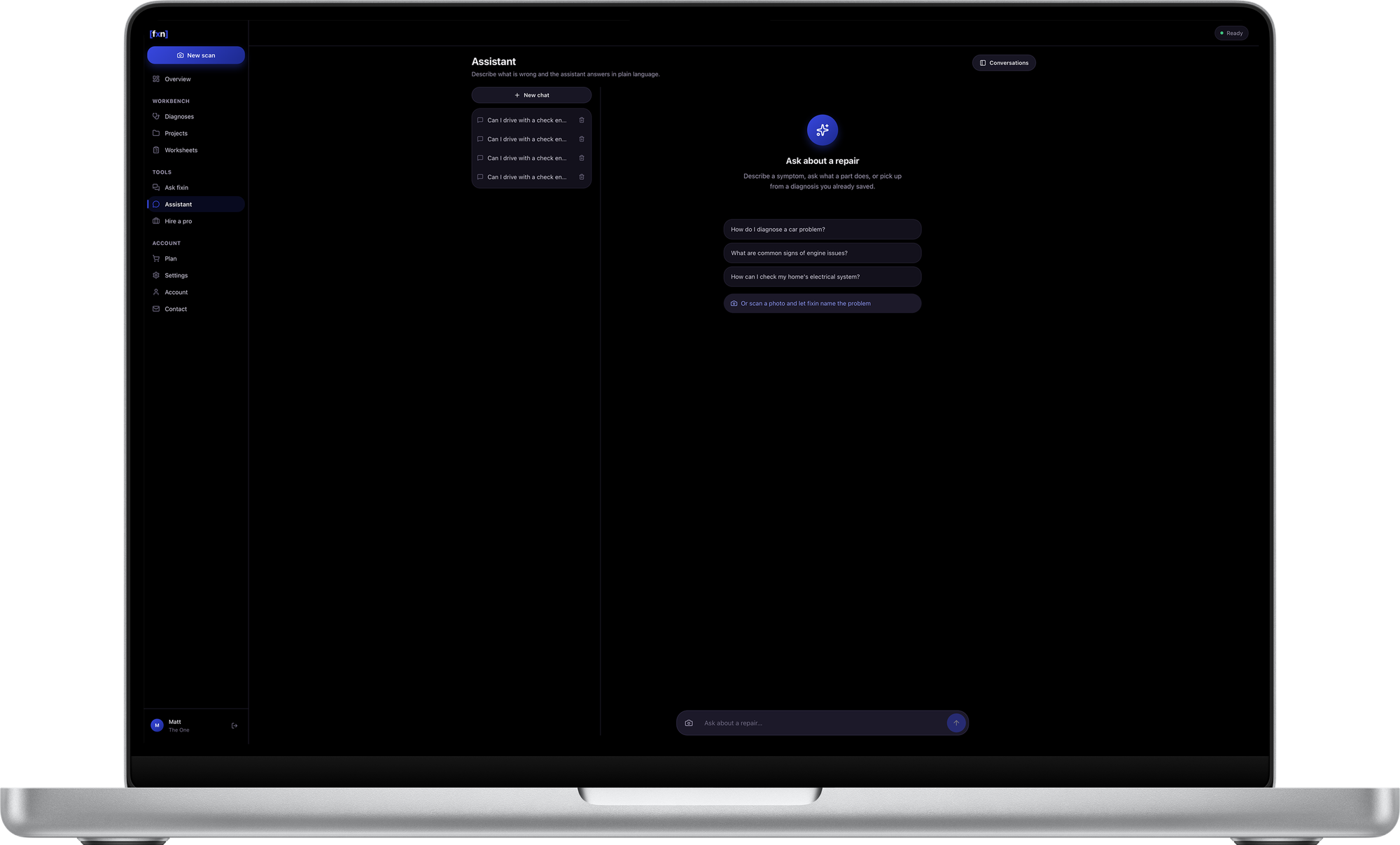 The Assistant screen — a saved conversation list beside an empty chat offering starter questions and a composer reading "Ask about a repair"