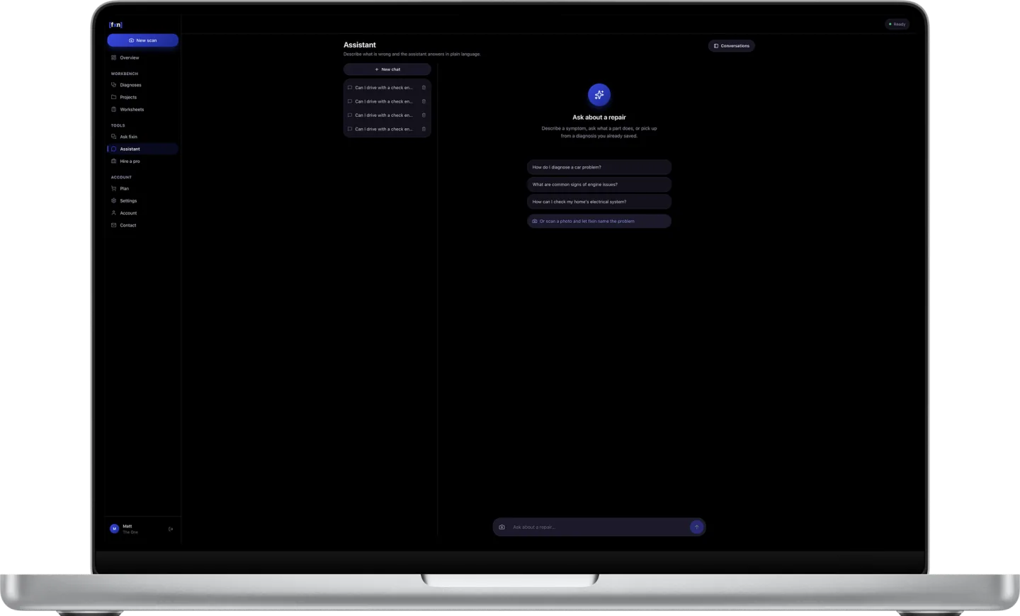 The Assistant screen — a saved conversation list beside an empty chat offering starter questions and a composer reading "Ask about a repair"