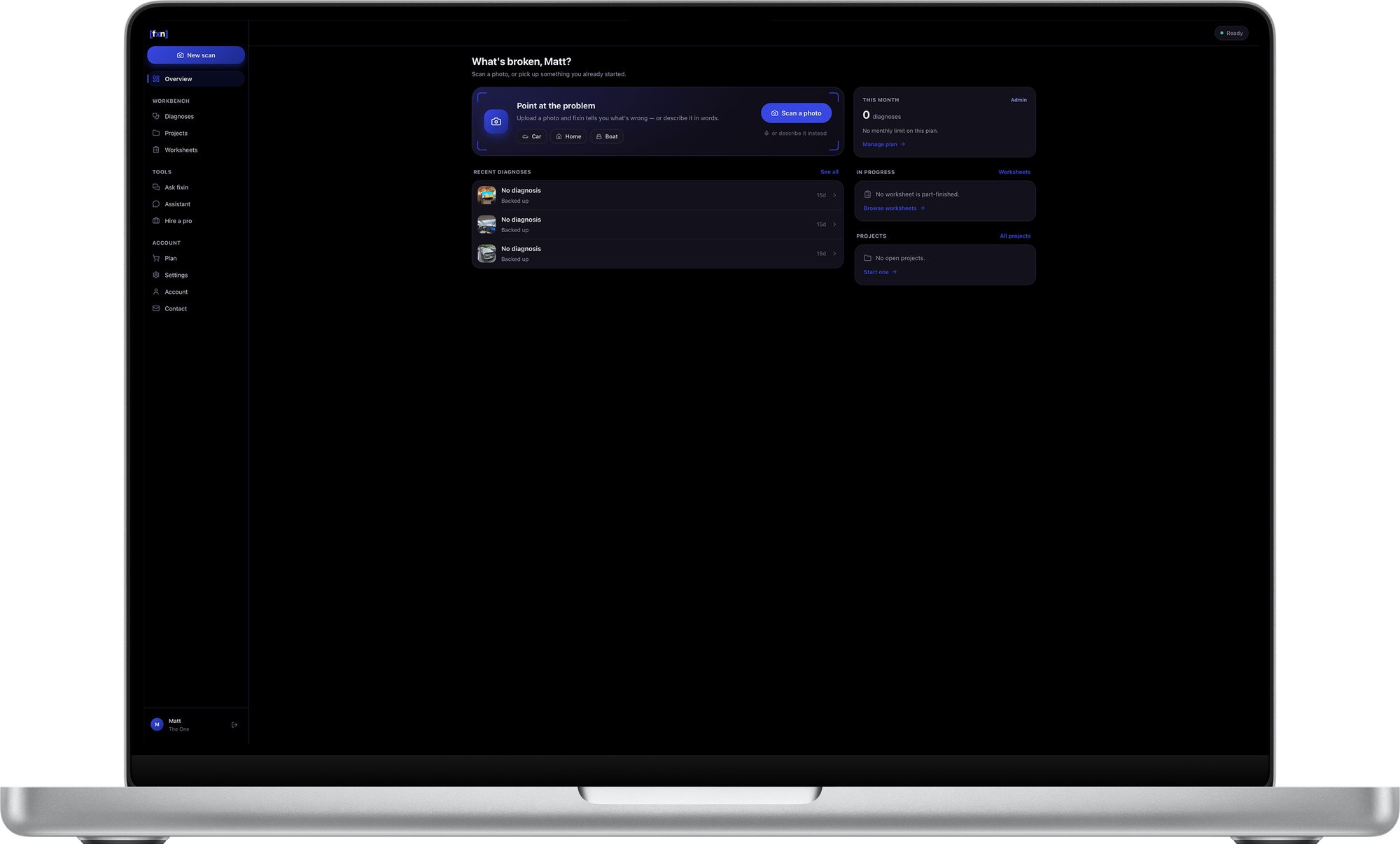 fixin Web on a laptop — the Overview screen of a new account, with a "Point at the problem" scan card above an empty diagnosis list and cards for this month's usage, worksheets in progress and open projects