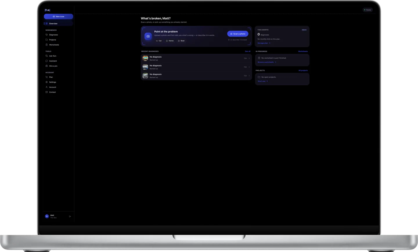 fixin Web on a laptop, showing the Overview screen with a "Point at the problem" scan card